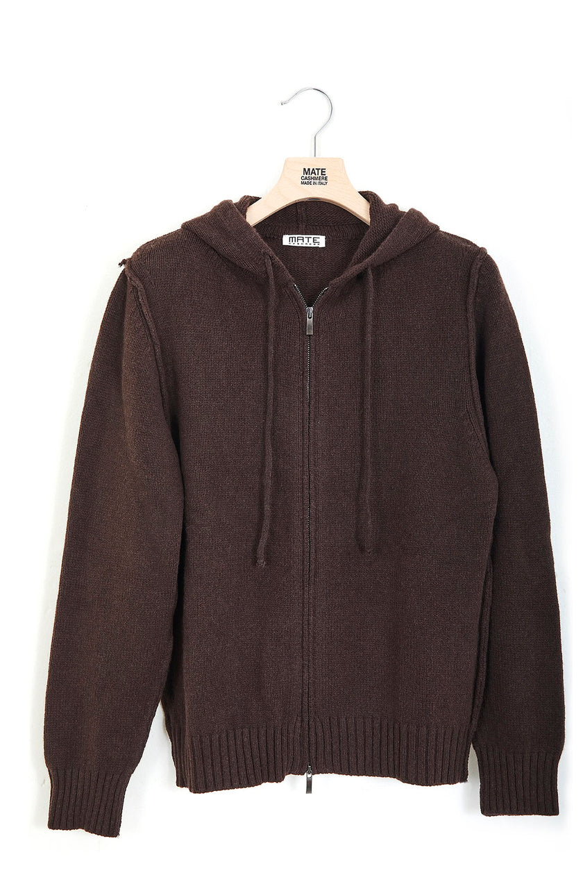 felpa zip con cuciture esterne e cappuccio in cashmere
