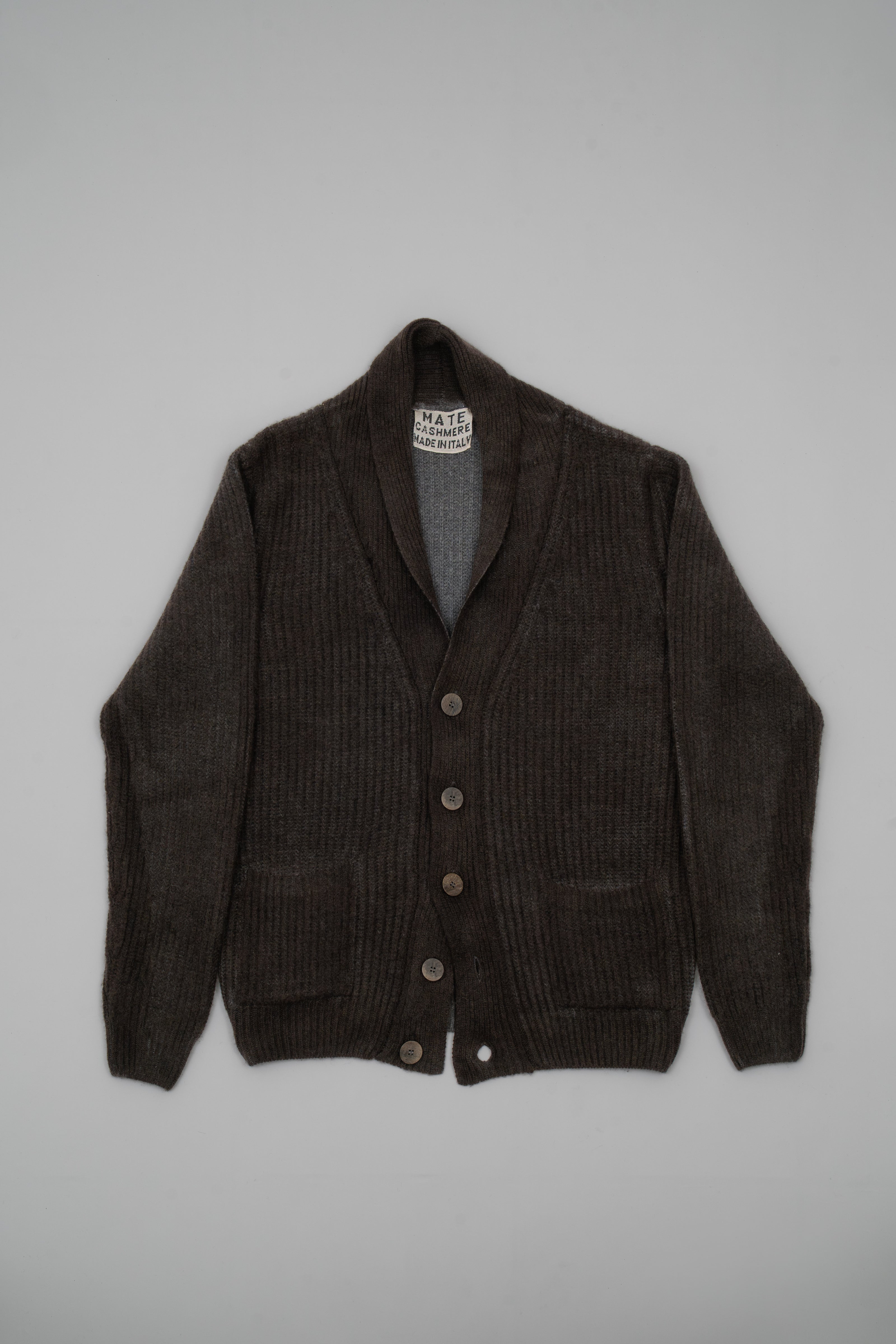 Cashmere cardigan with spray-painted buttons