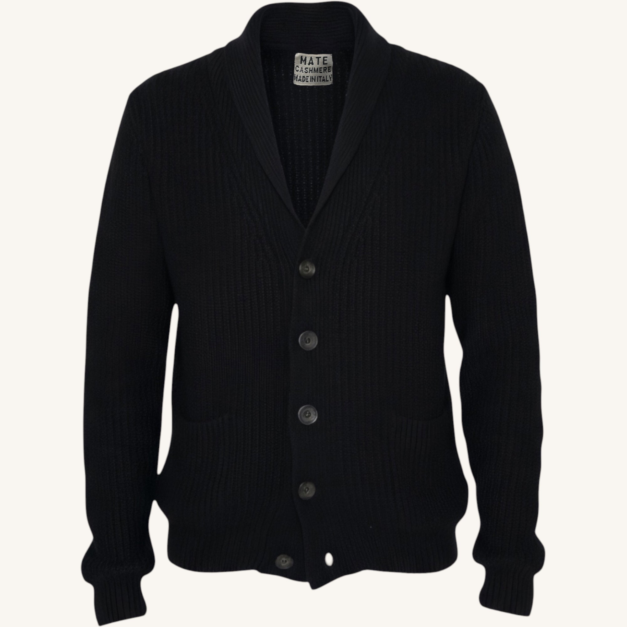 Cashmere cardigan with spray-painted buttons