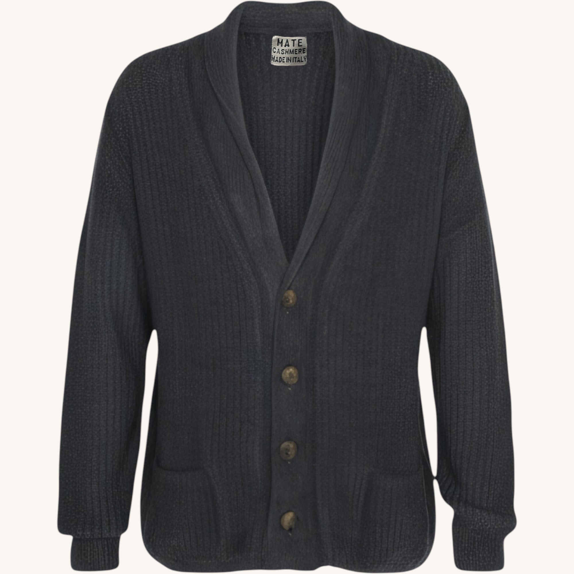Cashmere cardigan with spray-painted buttons