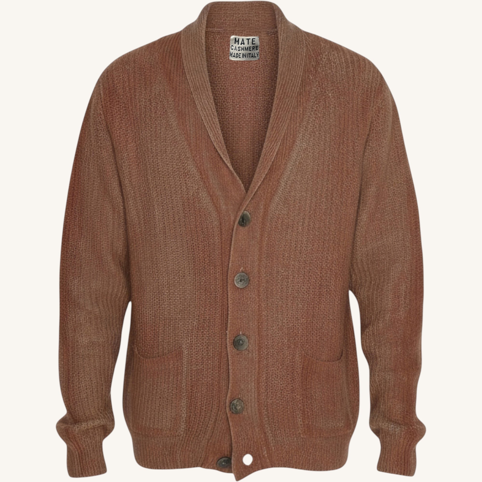 Cashmere cardigan with spray-painted buttons