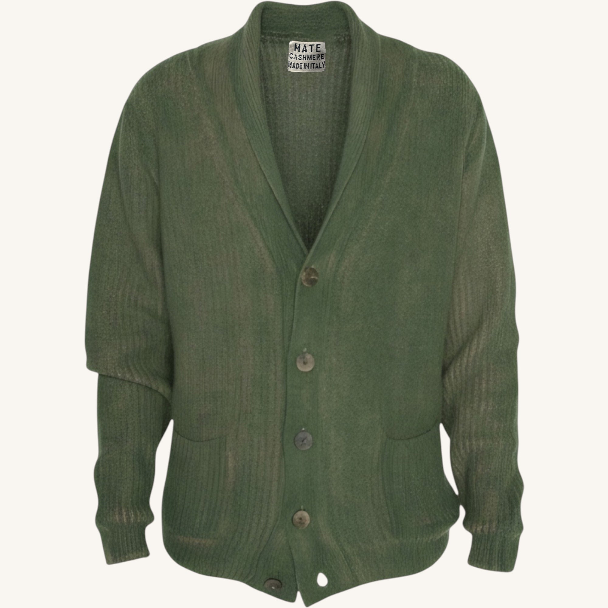 Cashmere cardigan with spray-painted buttons