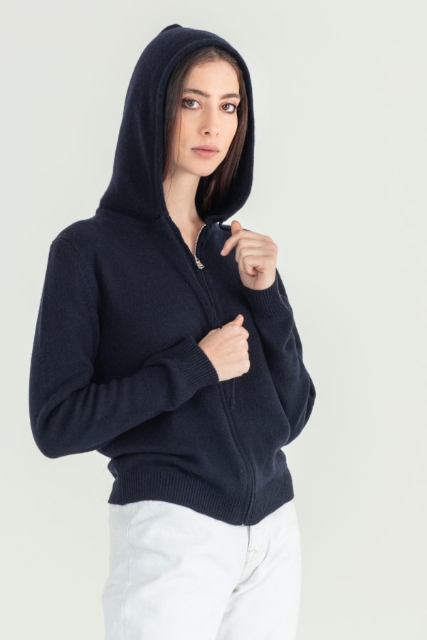 giacca con cappuccio donna in cashmere blu 3
